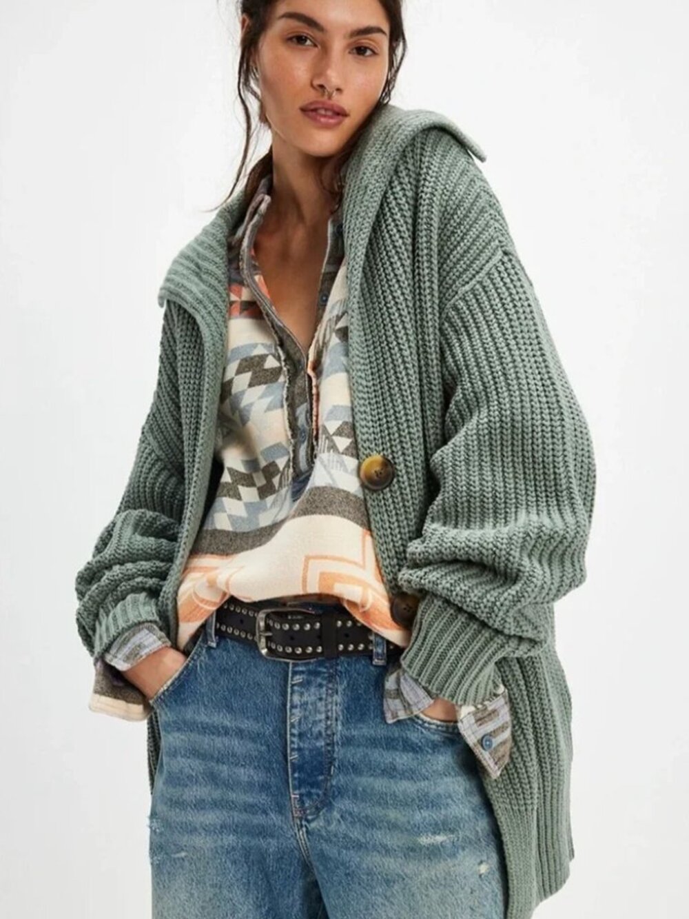 Free People Swim Too Deep Oversized Cardi Longline Cardigan M Seafoam Green $158